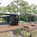Stylish Courtyard Garden With Wooden Deck Trees Green Plants Outdoor Tables Chairs And Black Screen
