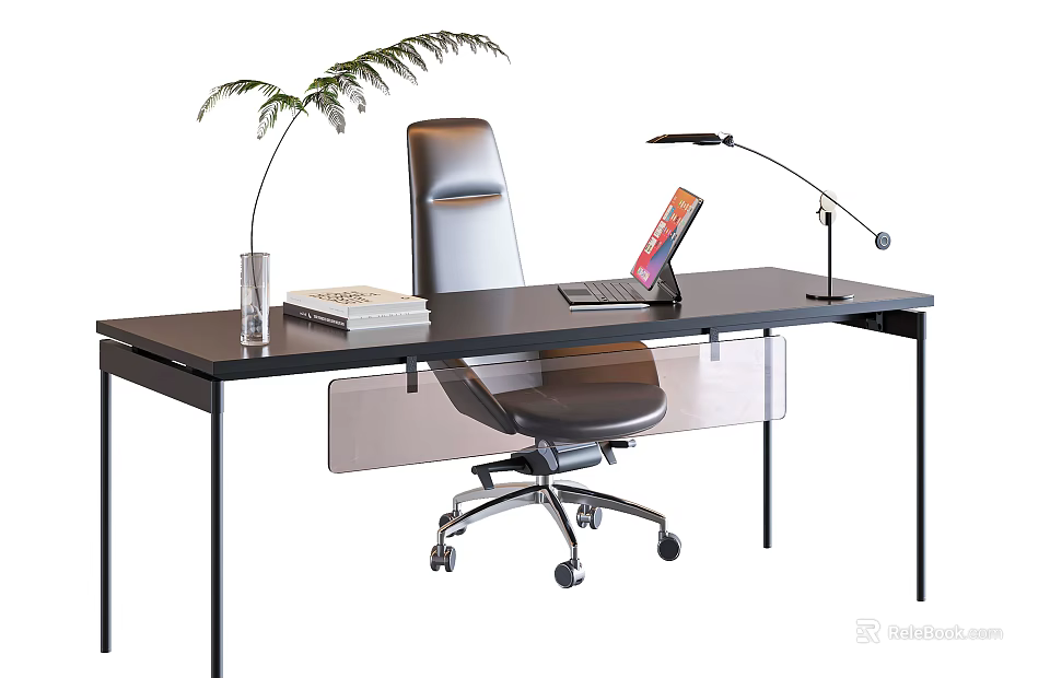 Modern Office Desk With Laptop Desk Lamp Green Plant Books And Ergonomic Chair 3d model 