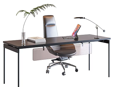 Modern Office Desk With Laptop Desk Lamp Green Plant Books And Ergonomic Chair 3d model