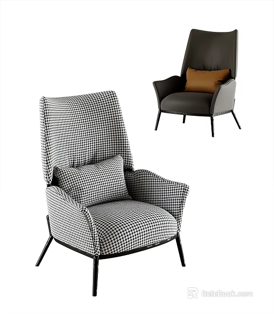 Modern Single Sofa Design With Black White Houndstooth Pattern And Brown Cushion 3d model