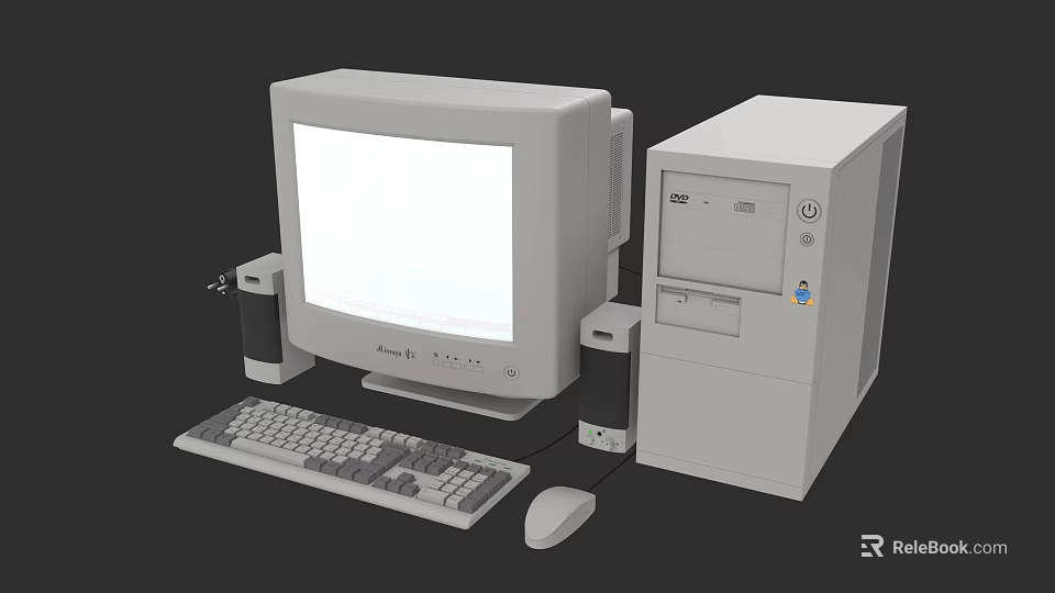 Vintage Desktop Computer Setup With CRT Monitor Case Keyboard Mouse And Speakers 3d model 