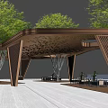 Modern Pergola With Brown Roof Geometric Structure Glass Railings And Green Trees