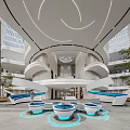 Modern Exhibition Hall Interior With Circular Atrium Multi Level Design And Colorful Seating