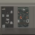 Modern Bookcase With Glass Doors Books And Decorative Items On Marble Backdrop