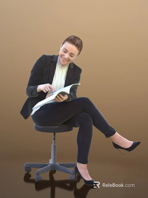 Woman In Black Blazer Reading Book While Sitting On High Stool With Brown Background 3d model 