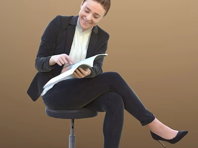 Woman In Black Blazer Reading Book While Sitting On High Stool With Brown Background 3d model