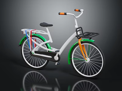 Casual Urban Bicycle with White Frame Green Orange Accents Front Black Basket and Rear Rack 3d model