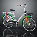 Casual Urban Bicycle with White Frame Green Orange Accents Front Black Basket and Rear Rack