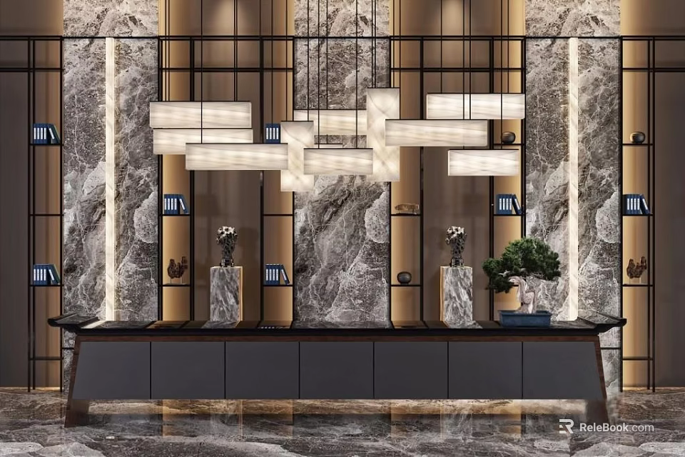 Reception Desk With Marble Wall Background Metal Frame Decor Pendant Lights And Potted Plant 3d model 
