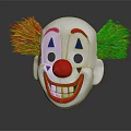 White Clown Mask Featuring Green Feather Hair Red Nose Blue Triangles Smiling Face And Teeth