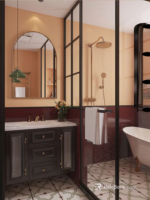 Modern Bathroom Interior Design With Mirror Green Lamp Marble Vanity Glass Shower And White Bathtub 3d model 