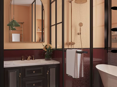 Modern Bathroom Interior Design With Mirror Green Lamp Marble Vanity Glass Shower And White Bathtub 3d model