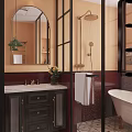 Modern Bathroom Interior Design With Mirror Green Lamp Marble Vanity Glass Shower And White Bathtub