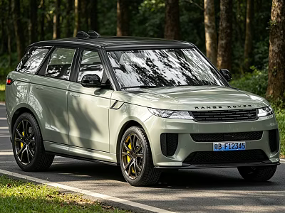 Light Green Range Rover Sport With Black Roof Yellow Wheels And Forest Roadside 3d model