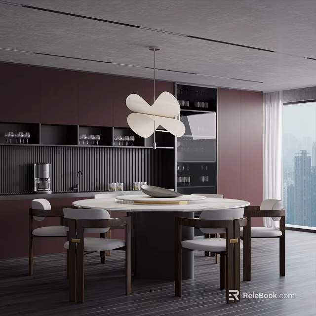 Elegant Modern Restaurant Interior With Luxury Pendant Light And Round Dining Table 3d model