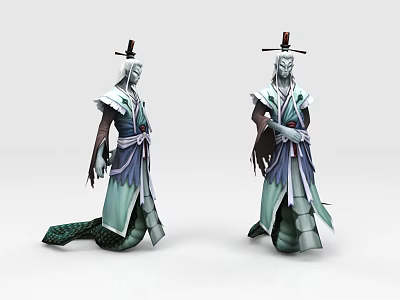 Game and Movie Character in Ancient Blue Green Robe with Hat Ornament and Flowing Sash 3d model