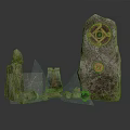 Intricately Carved Stone Sculptures With Circular Decorative Symbols And Smaller Carvings