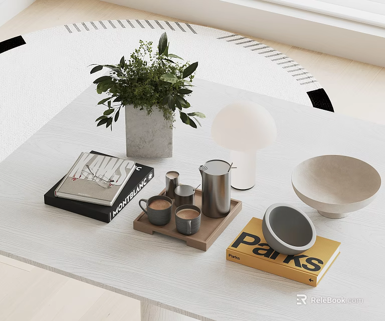 Minimalist Modern Decorative Ornament Set With Green Plant Books Metal Pitcher Tray And Table Lamp 3d model 