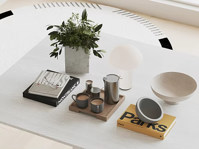 Minimalist Modern Decorative Ornament Set With Green Plant Books Metal Pitcher Tray And Table Lamp 3d model