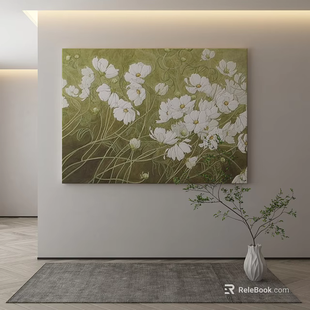 Large Floral Painting With White Flowers In Green Background For Modern Interior 3d model 