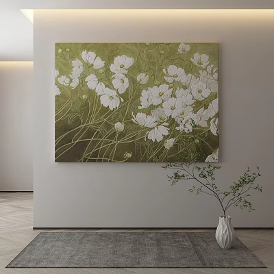 Large Floral Painting With White Flowers In Green Background For Modern Interior 3d model