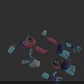 Disassembled 3D Robot Character Model with Rabbit Head Purple Red Blue Parts on Grey Background
