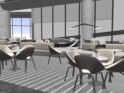 Modern Elegant Hotel Public Lounge With Comfortable Sofas Tables And Large Windows 3d model