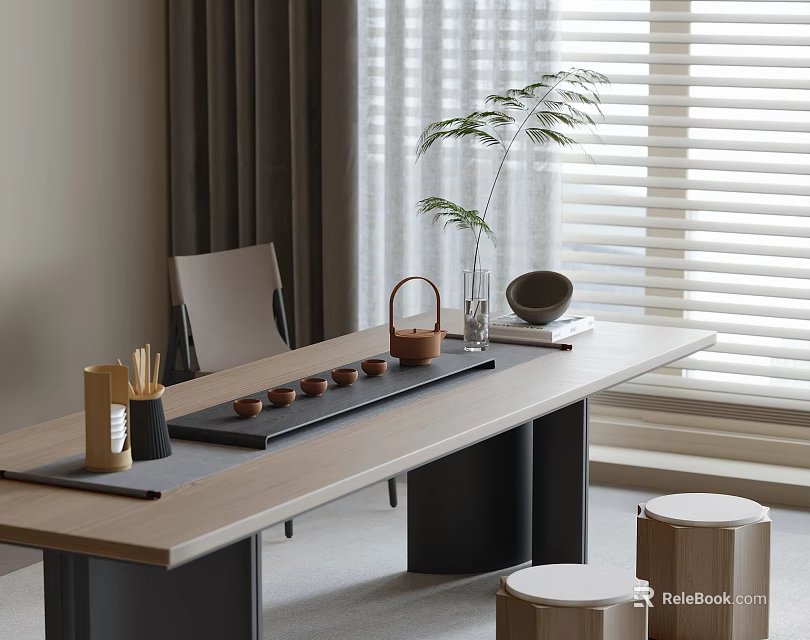 Traditional Tea Set On Wooden Long Table With Plants And Blinds In Room Interior 3d model 