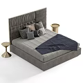 Modern Double Bed With Ribbed Headboard Multiple Gray White Dark Pillows And Navy Blue Blanket 3d model