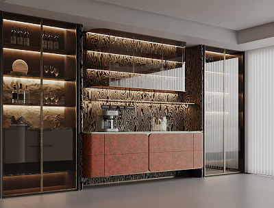Modern Luxury Wine Cabinet With Glass Doors Built In Lighting And Decorative Storage 3d model