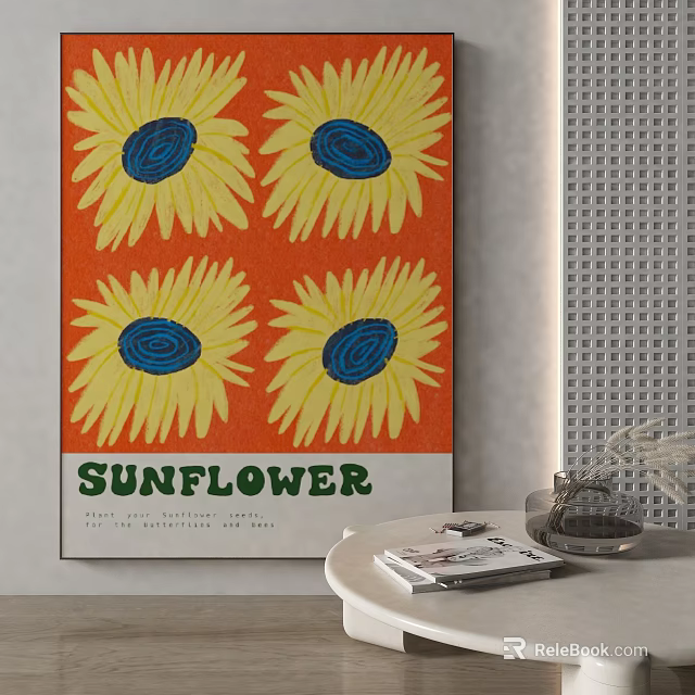 Sunflower Painting With Orange Background Yellow Petals Blue Center For Living Room Decor 3d model 