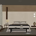 Modern Bedroom Interior With Double Bed Nightstand Table Lamp And Window Blinds