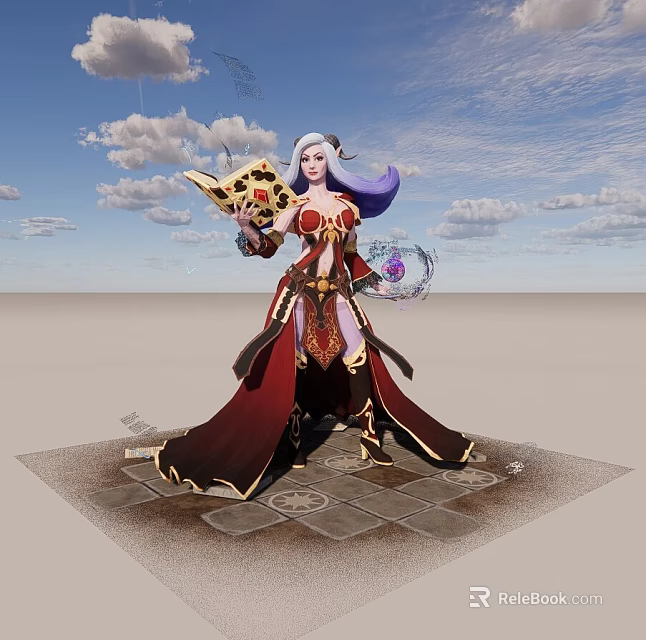 Fantasy game character with white and purple hair in red robes holding magic scroll and orb 3d model 