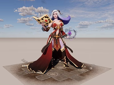 Fantasy game character with white and purple hair in red robes holding magic scroll and orb 3d model