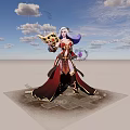 Fantasy game character with white and purple hair in red robes holding magic scroll and orb