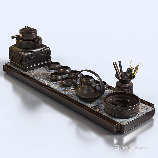 Elegant Traditional Tea Set With Teapot Cups And Carved Marble Tray 3d model 