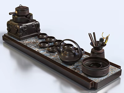 Elegant Traditional Tea Set With Teapot Cups And Carved Marble Tray 3d model