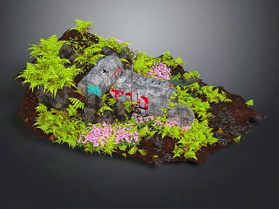 Lush Garden Landscape With Green Ferns Pink Flowers And Natural Stones 3d model