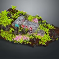 Lush Garden Landscape With Green Ferns Pink Flowers And Natural Stones