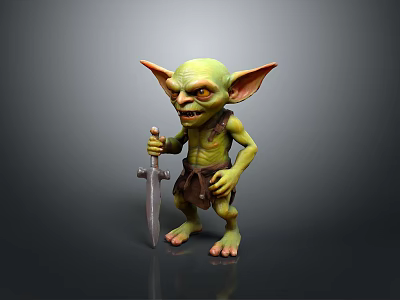 Green Goblin Character With Large Ears Holding Sword For Game And Movie 3d model