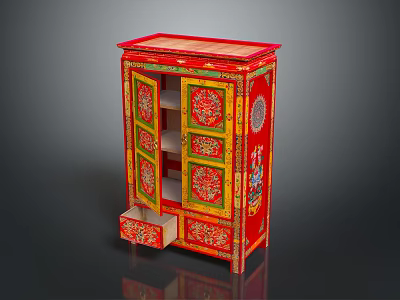 Chinese Traditional Red Wardrobe With Colorful Decorative Patterns And Open Drawer 3d model