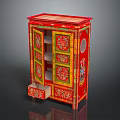 Chinese Traditional Red Wardrobe With Colorful Decorative Patterns And Open Drawer