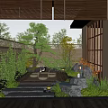 Tranquil Japanese Courtyard Garden With Bamboo Screens Wooden Deck Stone Path Green Plants And Lanterns