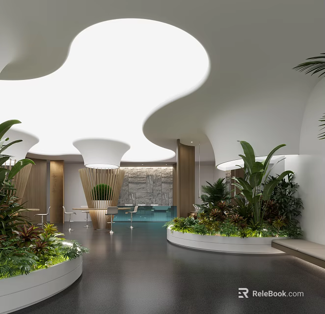 Modern Service Hall Interior With Green Plants Curved Ceiling And Waiting Area 3d model 