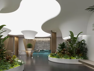 Modern Service Hall Interior With Green Plants Curved Ceiling And Waiting Area 3d model
