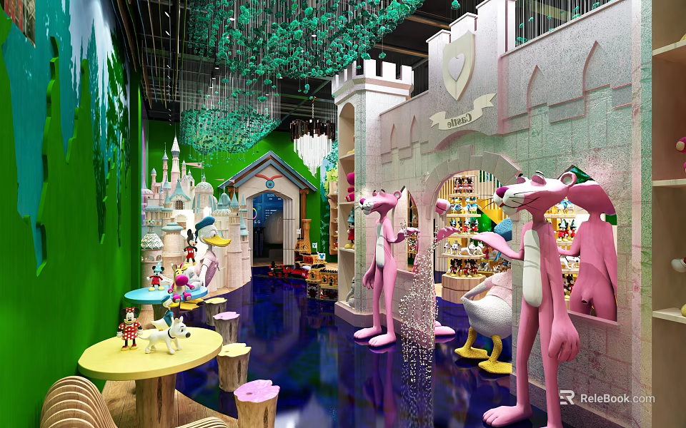 Pink Panther Themed Shopping Mall Store With Castle Shaped Decor Green Walls And Product Shelves 3d model 