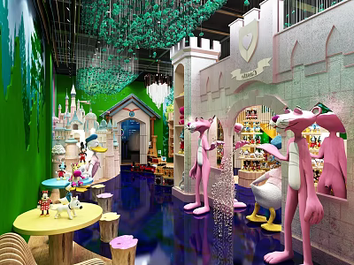Pink Panther Themed Shopping Mall Store With Castle Shaped Decor Green Walls And Product Shelves 3d model