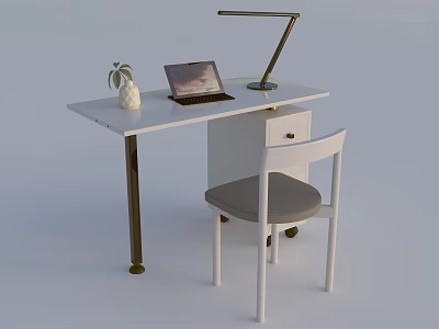 White Desk With Laptop Table Lamp Vase Plant And White Chair With Gray Cushion 3d model