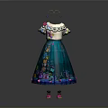 Teal Children's Dress With White Top Floral Embroidery Colorful Patterns And Pink Shoes