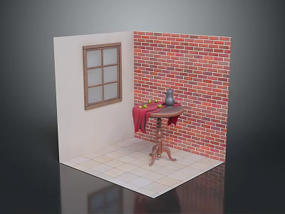 Modern Interior Scene With Red Brick Wall Window Small Table Kettle And Red Cloth 3d model